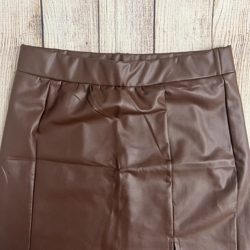 Sexy Brown Faux Leather Mini Skirt Side Thigh Slit High Waist Bodycon Size Small
